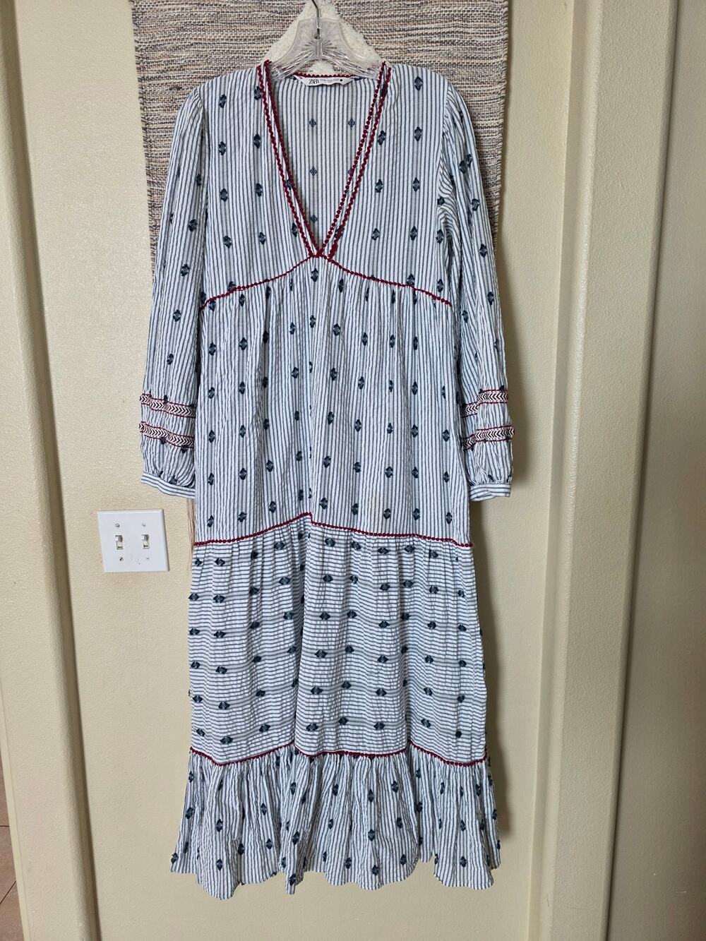 Zara Embroidered Stripe Boho Midi Dress Red Trim Long Sleeve XS